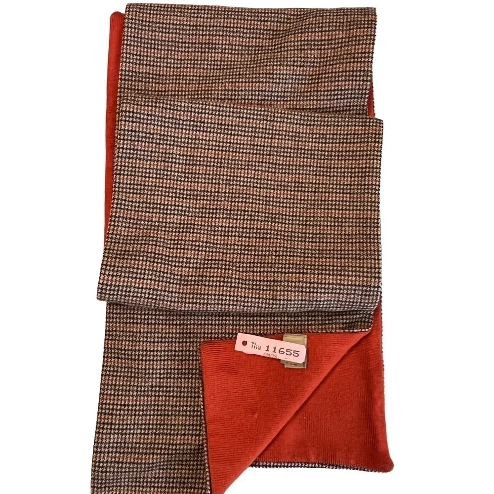 Vintage Altea Milano Italy Rust Orange & Brown Houndstooth Reversible Wool Scarf